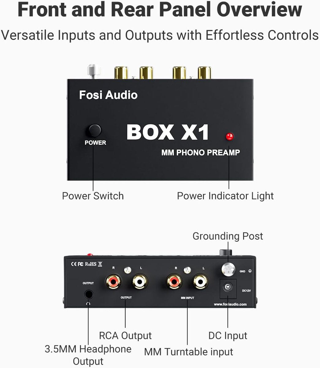 Fosi Audio Box X1 Phono-Vorverstärker für MM-Plattenspieler mit Cinch- und Kopfhörerausgang