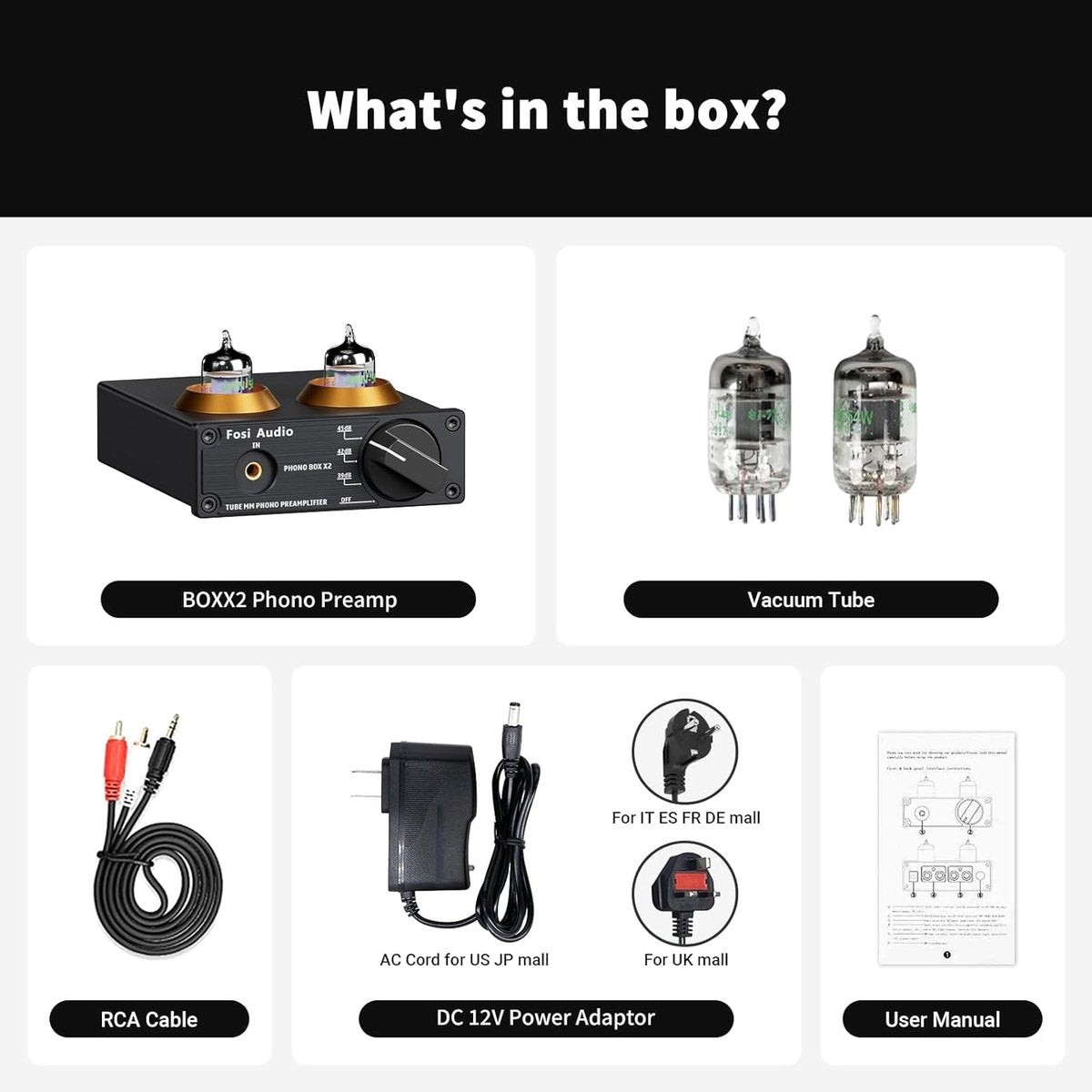 Fosi Audio Box X2 HiFi-Röhren-Phono-Vorverstärker für MM-Plattenspieler mit Multifunktionsknopf, einstellbarer Verstärkung, 3,5-mm-AUX-Eingang und Cinch-Ausgang