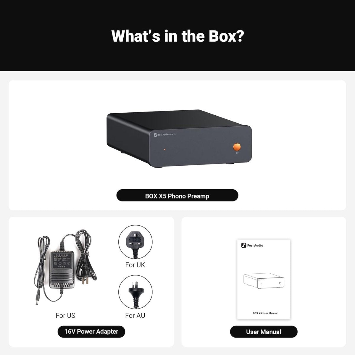 Fosi Audio Box X5 Phono-Vorverstärker für Plattenspieler – 4-stufig einstellbare Verstärkung 38/48/56/66 dB mit Cinch-Ausgang