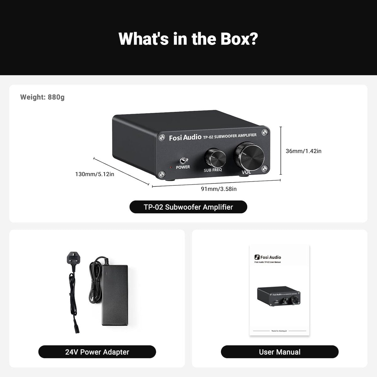 Fosi Audio TP-02 Subwoofer-Verstärker – Lautstärke- und Frequenzregelung – Für aktive und passive Subwoofer, Bass-Shaker