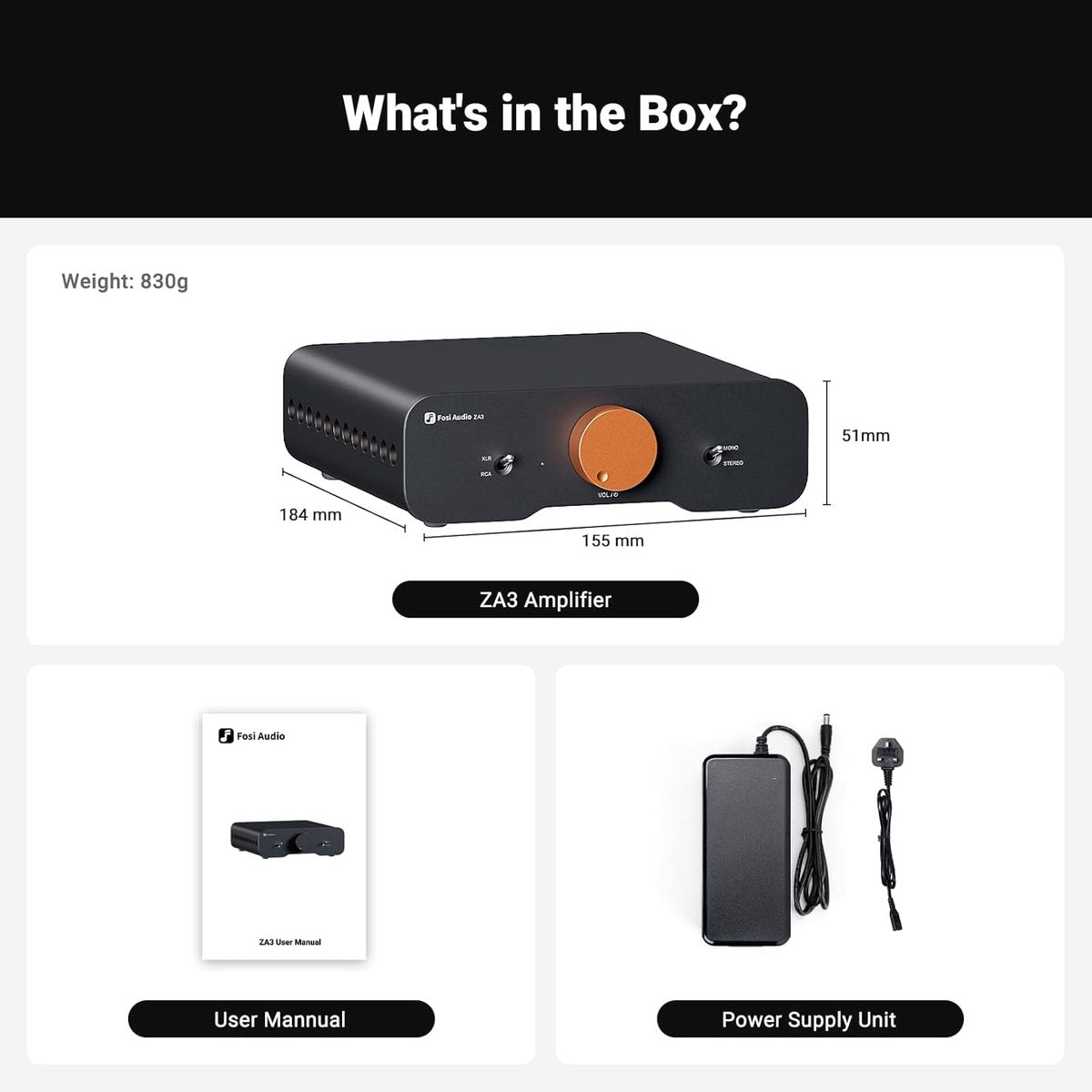 Fosi Audio ZA3 HiFi-Stereo/Mono-Verstärker – Symmetrische XLR- und Cinch-Eingänge – mit 12-V-Trigger