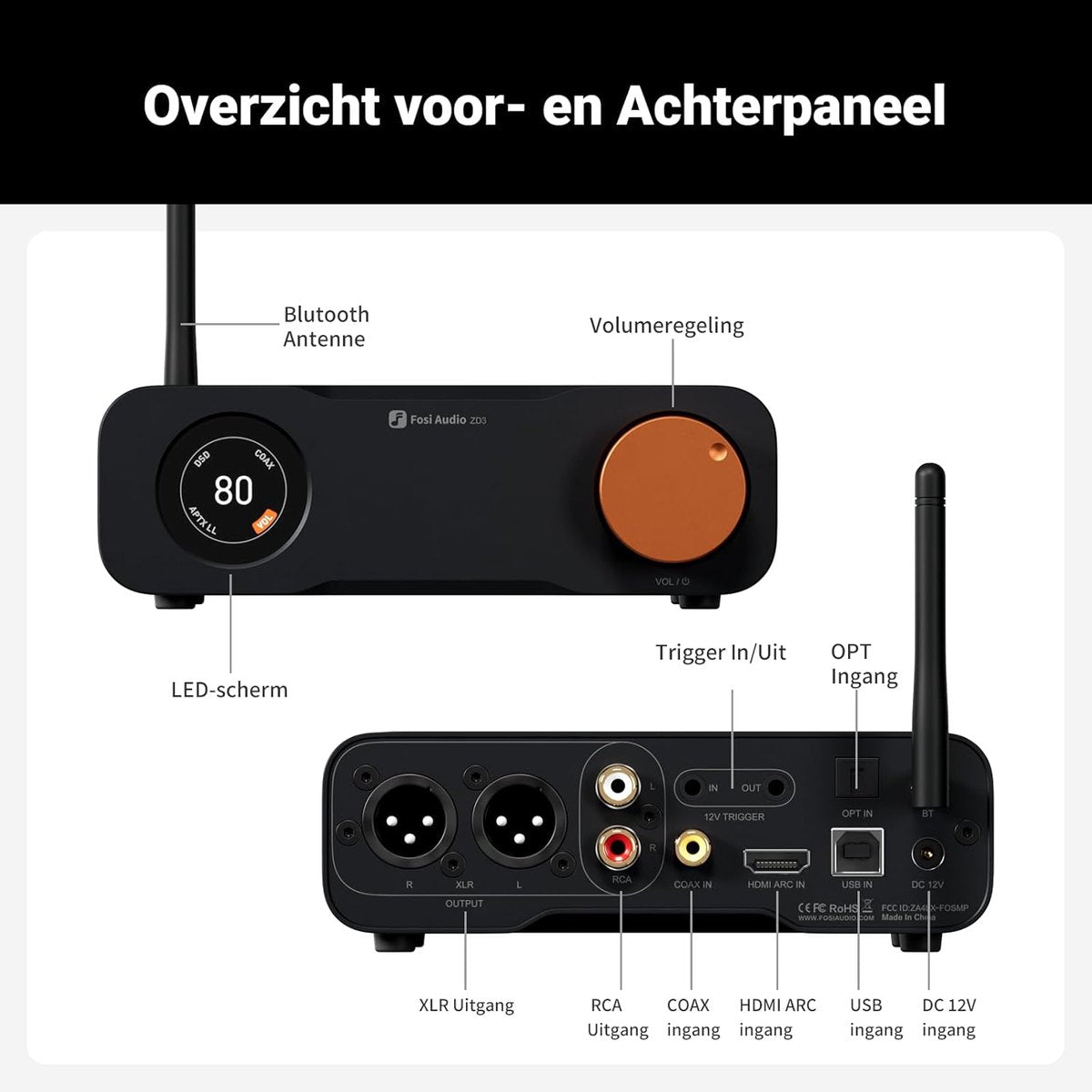 Fosi Audio ZD3 DAC Desktop-Vorverstärker – ES9039Q2M – HDMI ARC, Bluetooth, USB, Optisch, Koaxial – XLR/Cinch-Ausgänge mit Fernbedienung