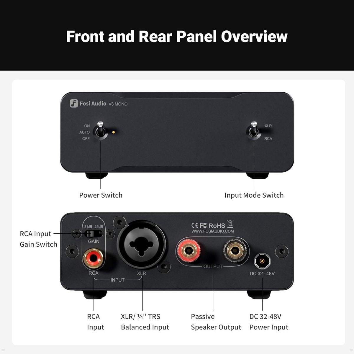 Fosi Audio V3 Mono-Leistungsverstärker der Klasse D – 240 W – Symmetrische RCA/XLR-Eingänge – 48 V 5 A Netzteil enthalten
