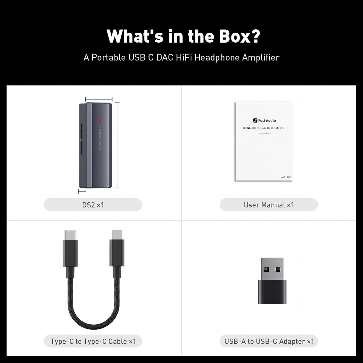 Fosi Audio DS2 USB-C auf 3,5-mm-Klinken-DAC – Tragbarer Kopfhörerverstärker mit zwei Ausgängen für iPhone, iPad Pro, Android-Telefone