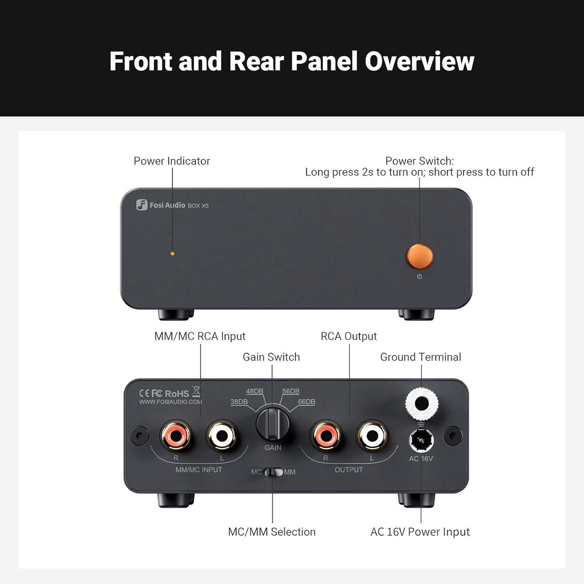 Fosi Audio Box X5 Phono-Vorverstärker für Plattenspieler – 4-stufig einstellbare Verstärkung 38/48/56/66 dB mit Cinch-Ausgang