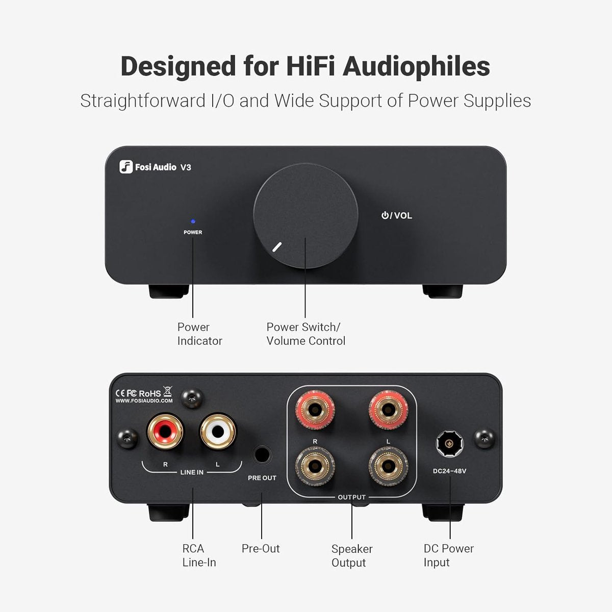Fosi Audio V3 300W Class D HiFi-Stereoverstärker – Kompaktes Design mit fortschrittlicher Wärmeableitung – 48V 5A Netzteil inklusive