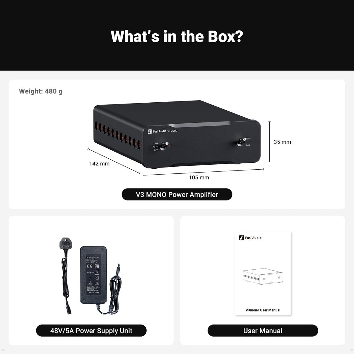 Fosi Audio V3 Mono-Leistungsverstärker der Klasse D – 240 W – Symmetrische RCA/XLR-Eingänge – 48 V 5 A Netzteil enthalten