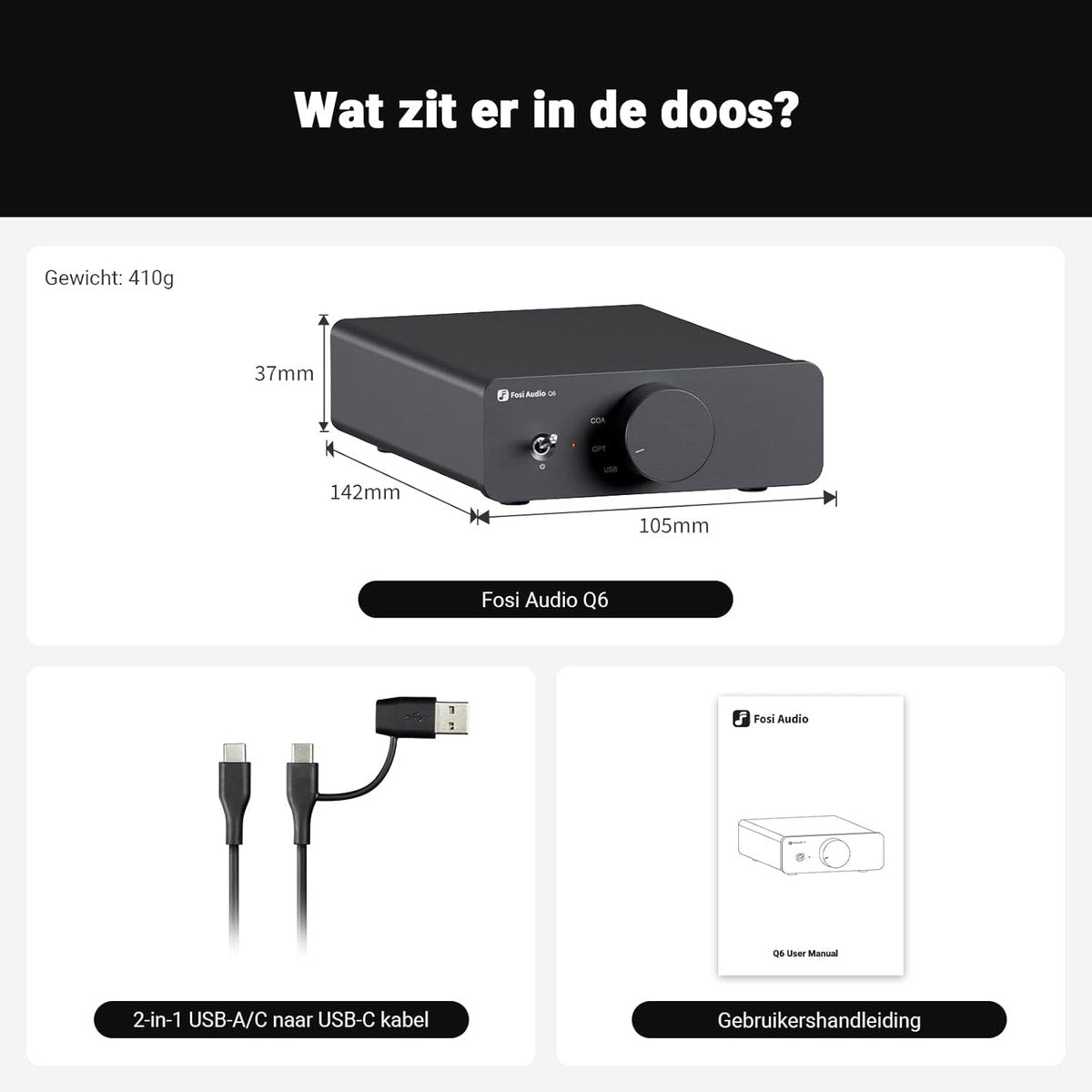 Fosi Audio Q6 Mini Desktop DAC – USB-C Digital-Analog-Audiokonverter – OPT/COA-Eingang – RCA + Sub-Ausgang – Hi-Res 32bit/768kHz