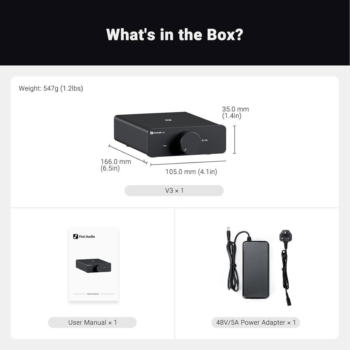 Fosi Audio V3 300W Class D HiFi-Stereoverstärker – Kompaktes Design mit fortschrittlicher Wärmeableitung – 48V 5A Netzteil inklusive