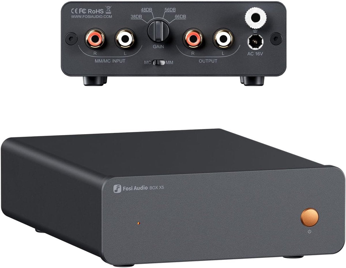 Fosi Audio Box X5 Phono-Vorverstärker für Plattenspieler – 4-stufig einstellbare Verstärkung 38/48/56/66 dB mit Cinch-Ausgang