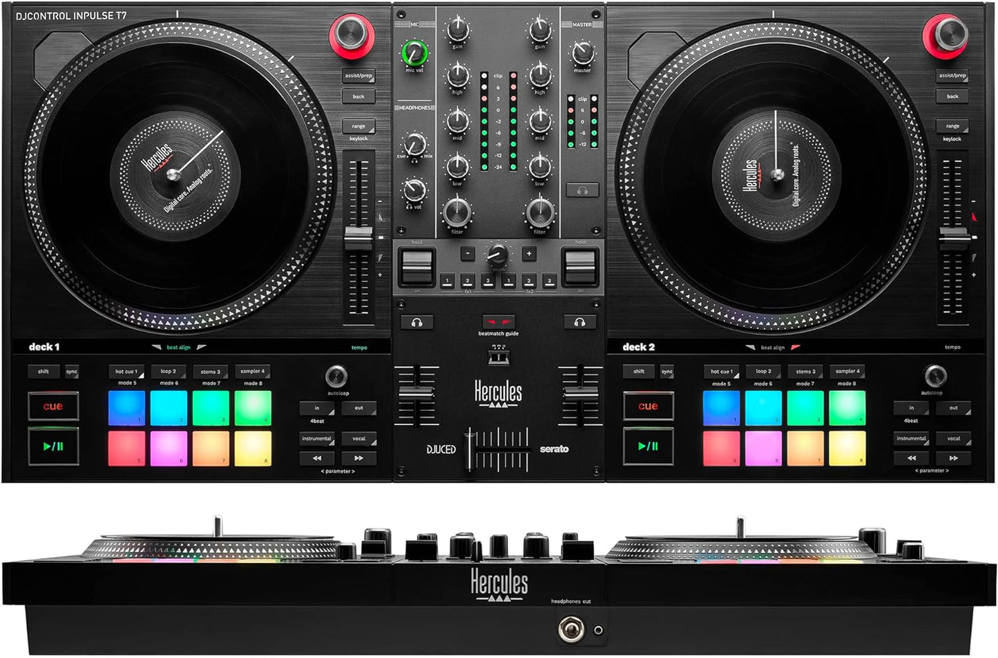 Hercules DJControl Inpulse T7, contrôleur DJ motorisé noir avec deux platines