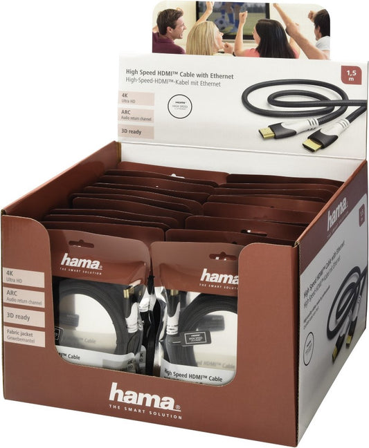 Hama High-speed HDMI™-kabel, stekker-stekker, Ethernet, stof, verguld, zwart, 1,5 m