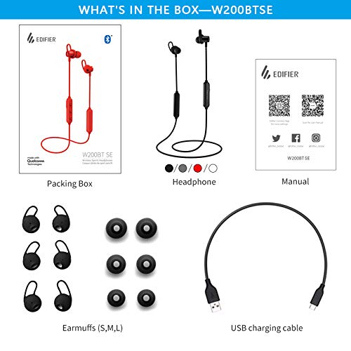 Edifier W200BTSE Écouteurs de Sport sans Fil Bluetooth V5.0 Long Standby IPX4 avec Micro Noir Durable