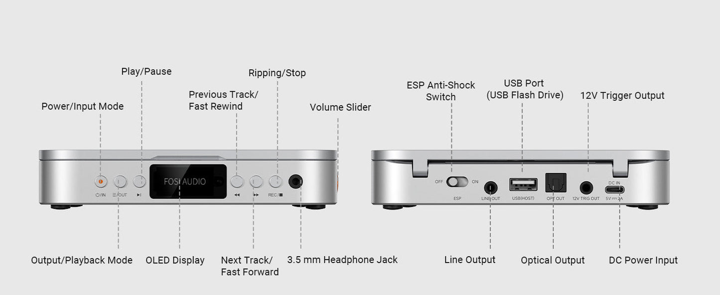 Fosi Audio Merak Silver – HiFi CD Player with DAC and Headphone Amp