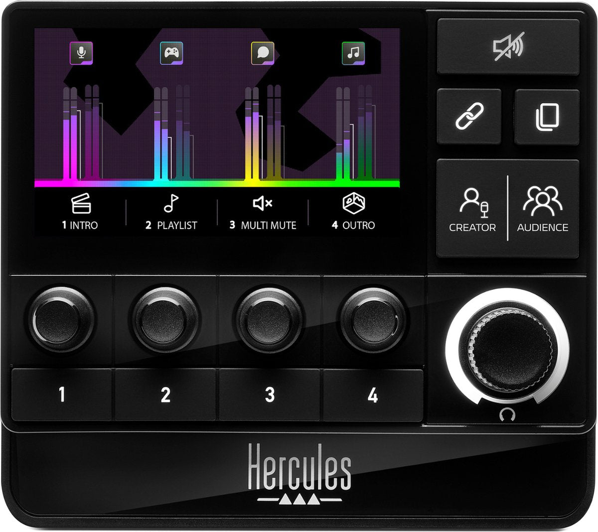Hercules Stream 200 XLR, Professional audio controller for real-time management of creator/audience mixes, with Microphone preamplifier, LCD screen, High-resolution encoders, 4 action buttons