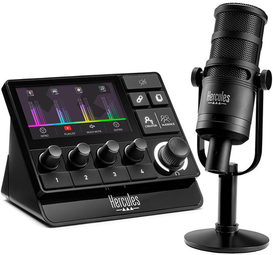 Hercules Stream Essentials Kit – Ensemble de streaming professionnel avec contrôleur Stream 200 XLR, micro HXD-700 XLR et 3 mois d'abonnement Voicemod Pro