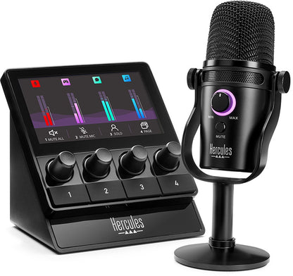 Hercules Stream Kit de démarrage – Kit audio pour streaming avec contrôleur Stream 100, micro USB HUD-600 et 3 mois d'abonnement Voicemod Pro
