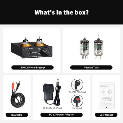 Fosi Audio Box X2 Préamplificateur Phono HiFi à Tubes pour Platine MM avec Bouton Multifonction, Gain Réglable, Entrée AUX 3,5 mm et Sortie RCA