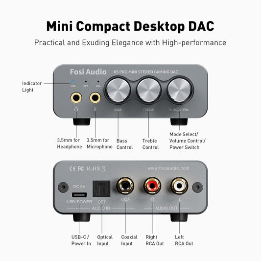 Fosi Audio K5 Pro DAC-Kopfhörerverstärker – USB-C / Koaxial / Optisch auf 3,5-mm-Klinke / Cinch – für Gaming