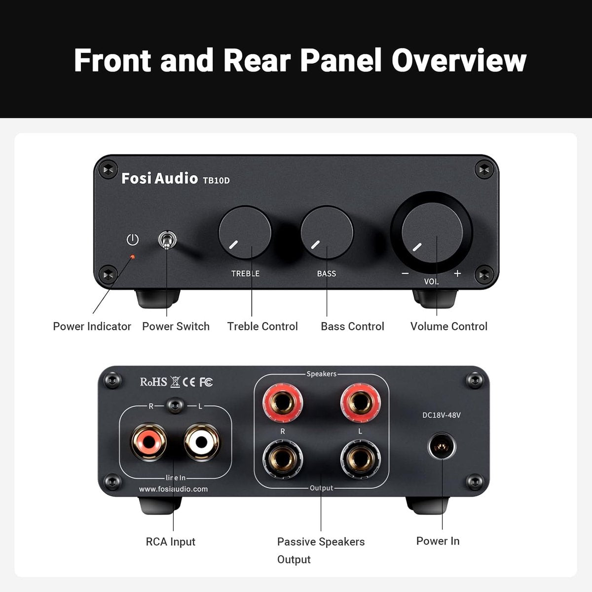 Fosi Audio V1.0B – Ampli Stéréo 2×50 W Classe D TPA3116 – Mini Hi-Fi Puissant – Alim 19V Incluse