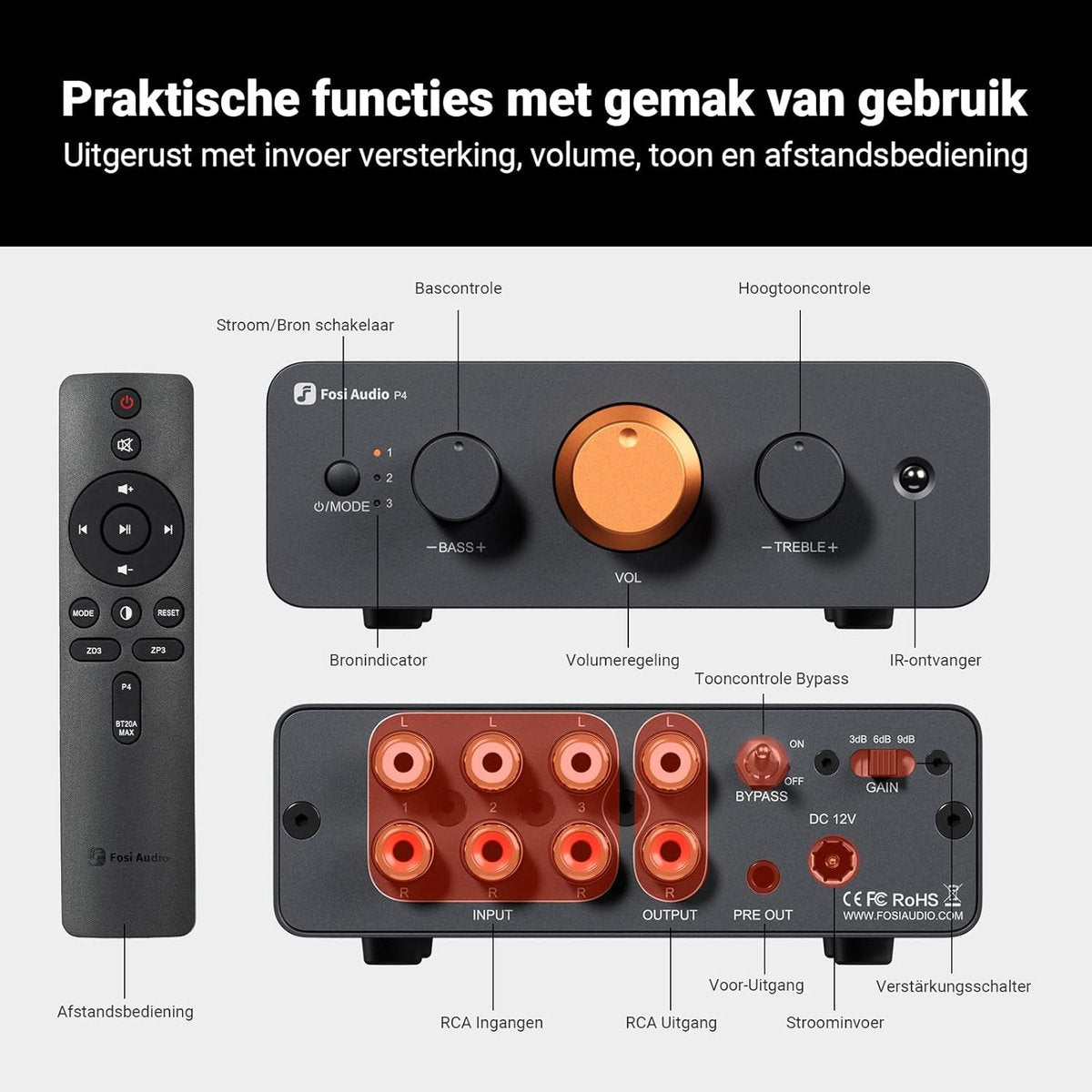 Fosi Audio P4 Mini-Vorverstärker mit 3 Cinch-Eingängen – Vorverstärker für Verstärker, aktive Subwoofer und Lautsprecher