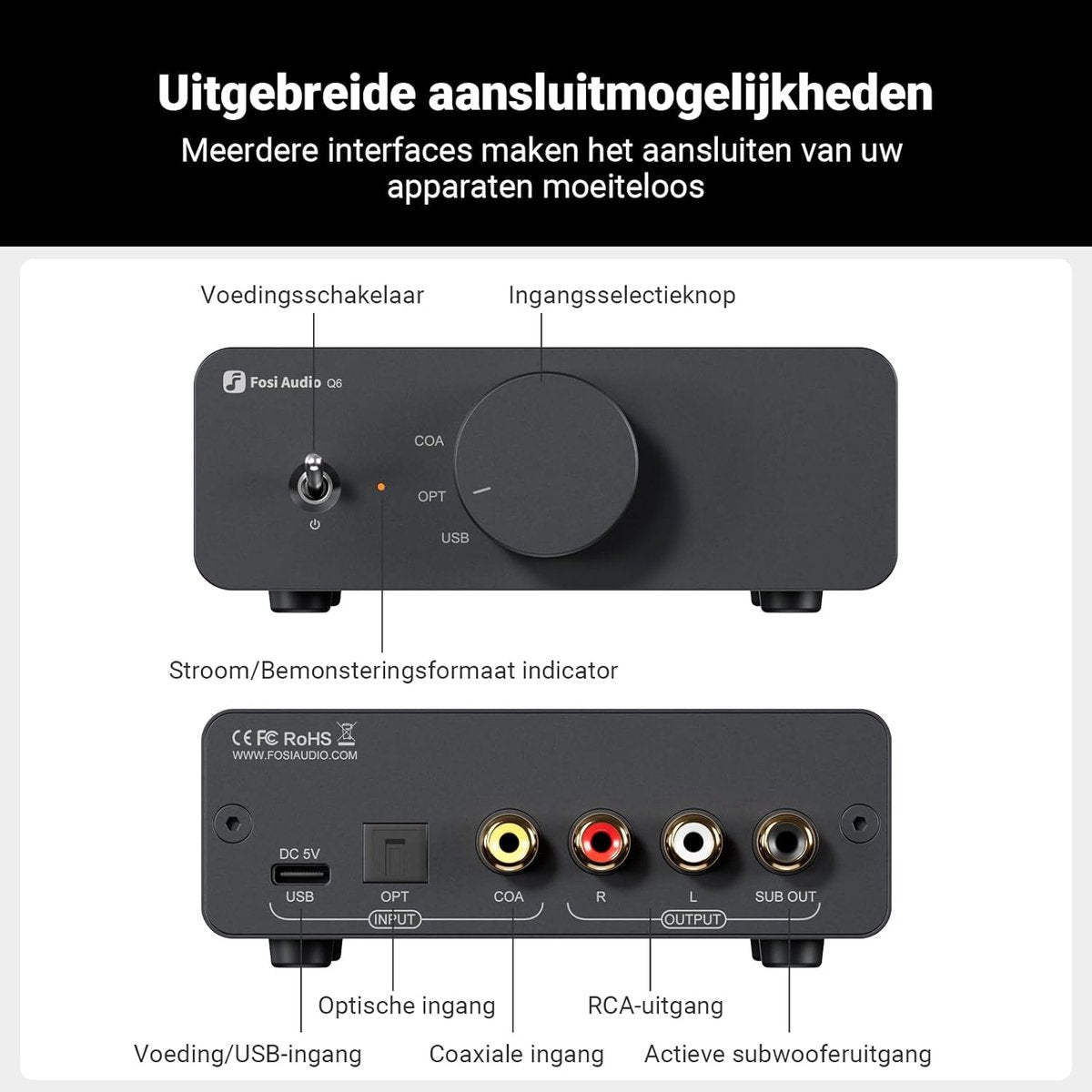 Fosi Audio Q6 Mini Desktop DAC – USB-C Digital-Analog-Audiokonverter – OPT/COA-Eingang – RCA + Sub-Ausgang – Hi-Res 32bit/768kHz