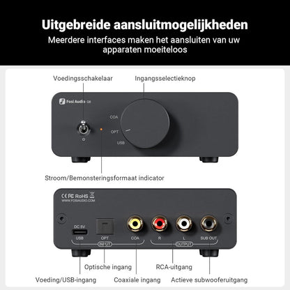 Fosi Audio Q6 DAC de Bureau Mini – Convertisseur Audio Numérique vers Analogique USB-C – Entrée OPT/COA – Sortie RCA + Sub – Hi-Res 32bit/768kHz