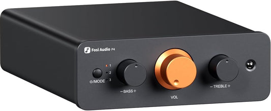 Fosi Audio P4 Mini-Vorverstärker mit 3 Cinch-Eingängen – Vorverstärker für Verstärker, aktive Subwoofer und Lautsprecher