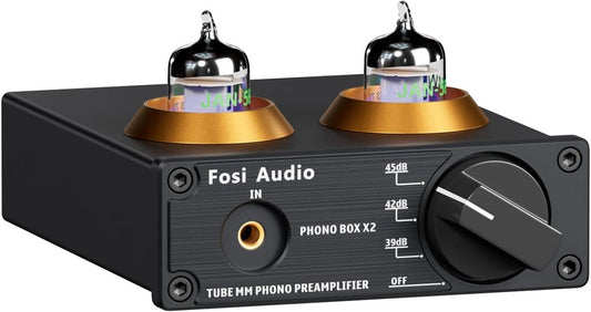 Fosi Audio Box X2 HiFi-Röhren-Phono-Vorverstärker für MM-Plattenspieler mit Multifunktionsknopf, einstellbarer Verstärkung, 3,5-mm-AUX-Eingang und Cinch-Ausgang