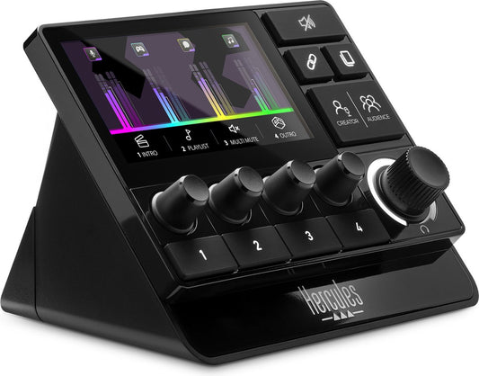 Hercules Stream 200 XLR, professioneller Audio-Controller für die Echtzeitverwaltung von Ersteller-/Publikumsmischungen, mit Mikrofonvorverstärker, LCD-Bildschirm, hochauflösenden Encodern, 4 Aktionstasten