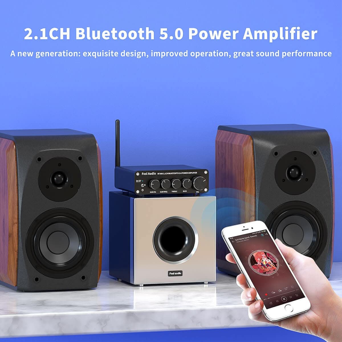 Fosi Audio BT30D - 2.1-kanaal Eindversterker - Bluetooth 5.0 - met Bass- en Trebleregeling
