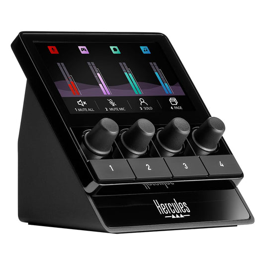 Hercules Stream 100, Intuitive audio controller for real-time management of live streaming, Up to 8 tracks, LCD screen, High-resolution encoders, 4 action buttons, Customizable interface