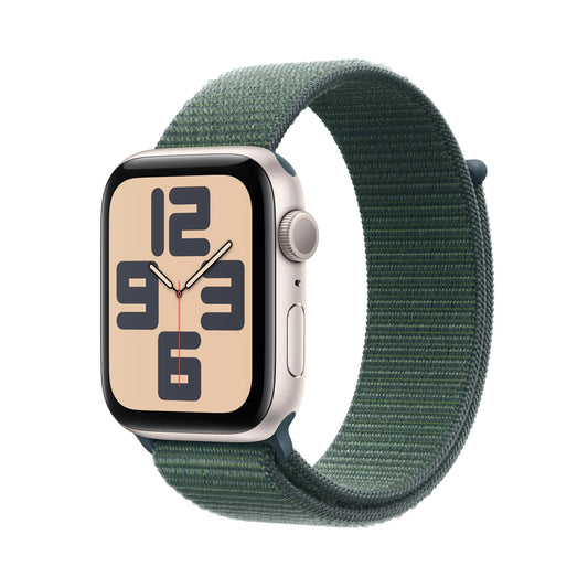 Apple Watch SE GPS (2024) 44 mm Aluminium Lumière Stellaire Bracelet Sport Textile Vert Lacustre