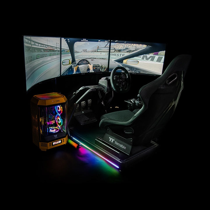 Thermaltake GR500 – Rennsimulations-Cockpit – Robustes Stahlchassis – Verstellbarer Schalensitz – Kompatibel mit PC, PS und Xbox