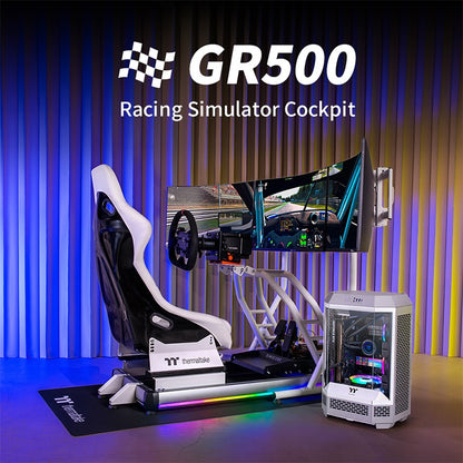 Thermaltake GR500 Snow – Rennsimulations-Cockpit – Weißes Stahlchassis – Verstellbarer Schalensitz – PC-/PS-/Xbox-kompatibel