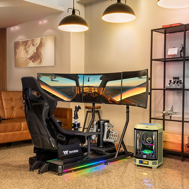 Thermaltake GF500 – Flugsimulationscockpit – Verstärktes Stahlchassis – Verstellbarer Schalensitz – Kompatibel mit PC, Xbox und PlayStation – Schwarz