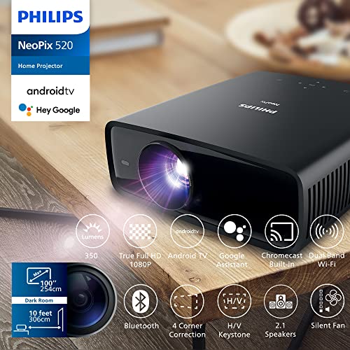 Philips NeoPix 520, projecteur True Full HD avec Android TV, Chromecast et Connexion HDMI intégrés, Noir